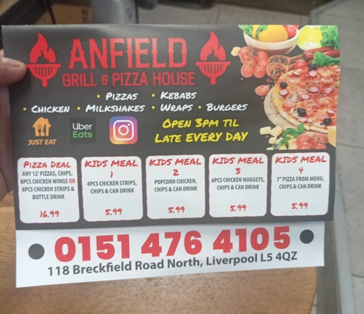 Anfield Grill and Pizza House original takeaway menu